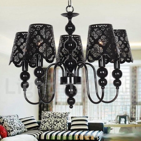 Lustre moderno contemporâneo de 5 luzes estilo vela preta vazada Lustre moderno contemporâneo de 5 luzes estilo vela preta vazada