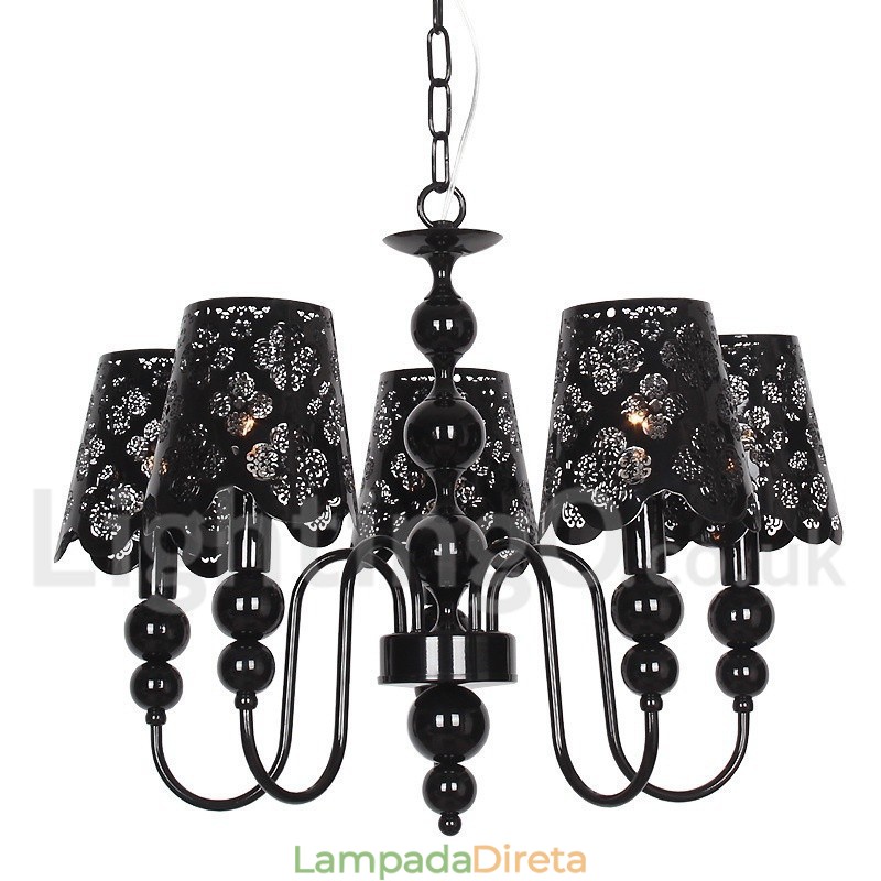 Lustre moderno contemporâneo de 5 luzes estilo vela preta vazada