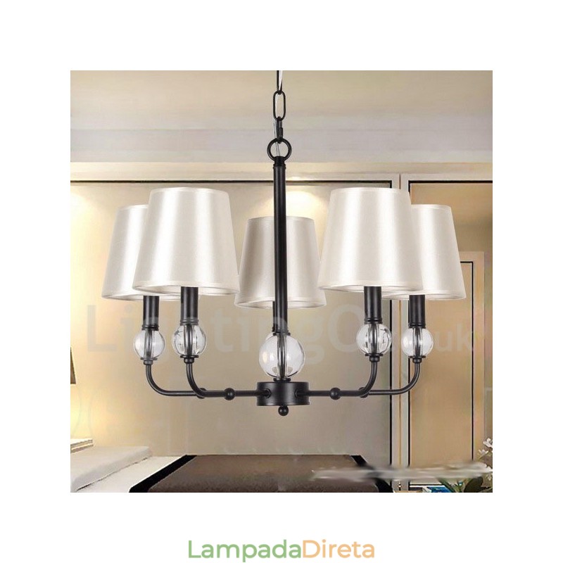 Lustre estilo vela contemporâneo preto retrô rústico de 5 luzes