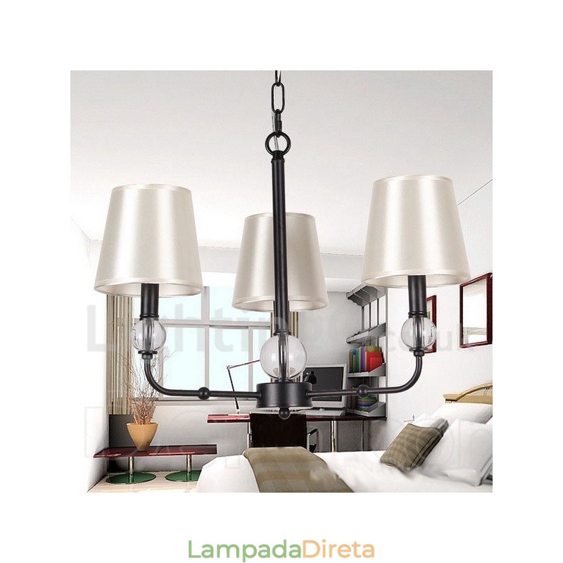 Lustre estilo vela contemporâneo preto retrô de 3 luzes
