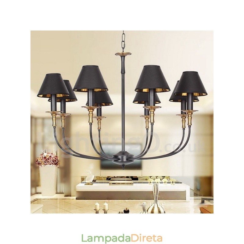 Lustre estilo vela contemporâneo preto retrô de 8 luzes