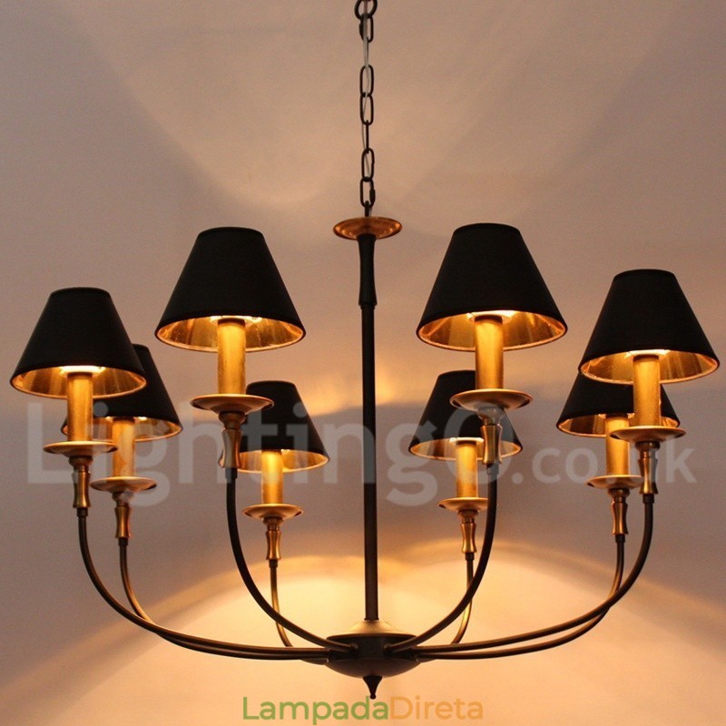 Lustre estilo vela contemporâneo preto retrô de 8 luzes