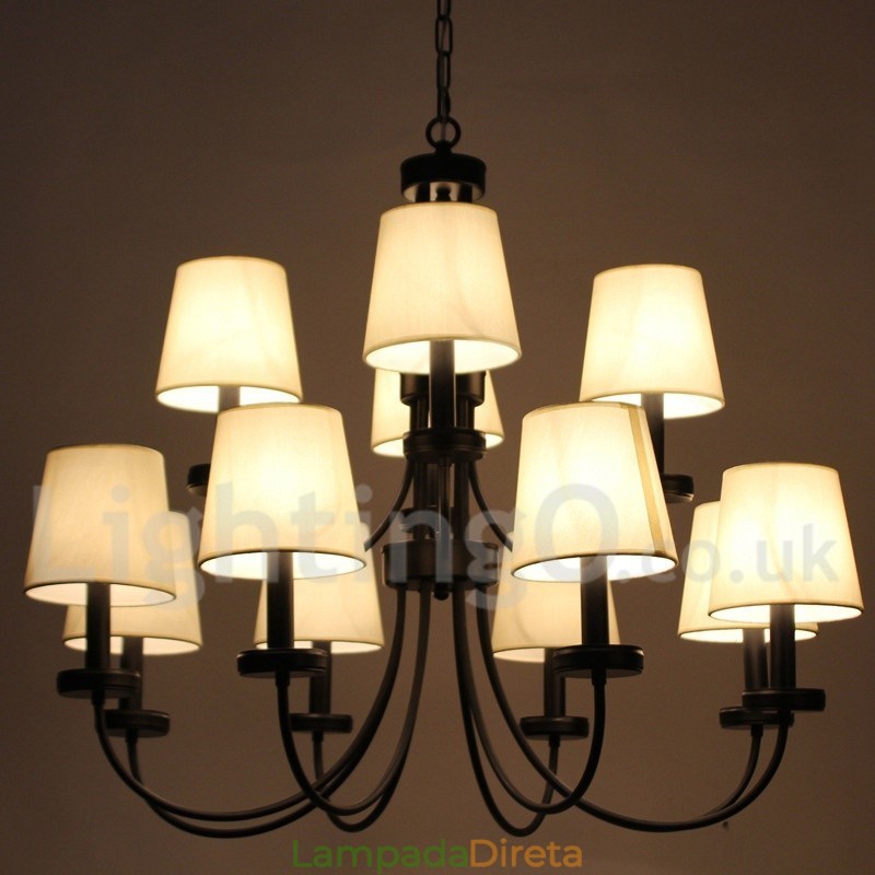 Lustre estilo vela preta retrô contemporâneo de 12 luzes e 2 níveis