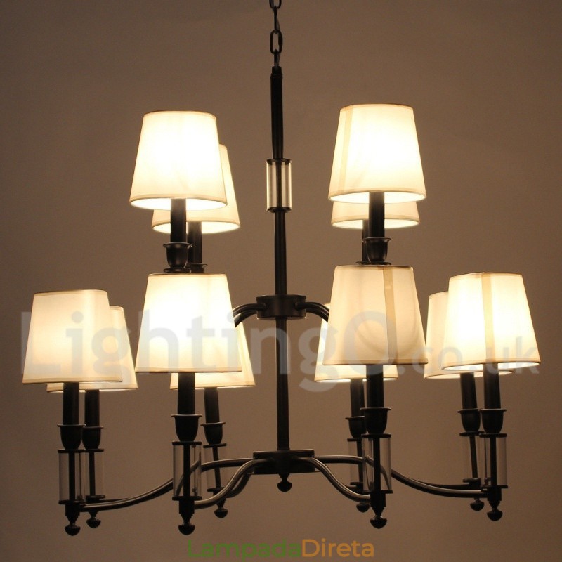 Lustre grande preto de 12 luzes, 2 níveis, estilo retrô, contemporâneo, estilo vela