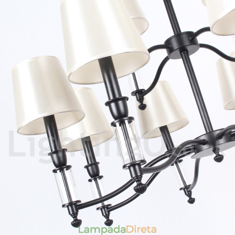 Lustre grande preto de 12 luzes, 2 níveis, estilo retrô, contemporâneo, estilo vela