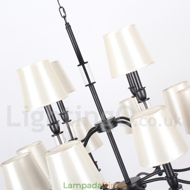 Lustre grande preto de 12 luzes, 2 níveis, estilo retrô, contemporâneo, estilo vela