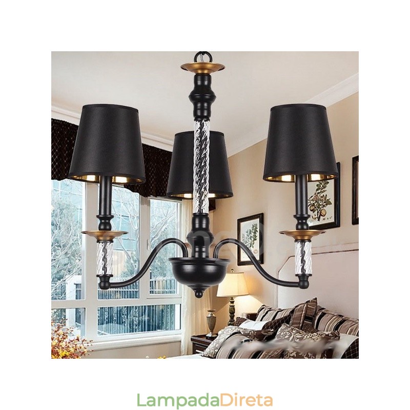 Lustre estilo vela retrô preto de 3 luzes