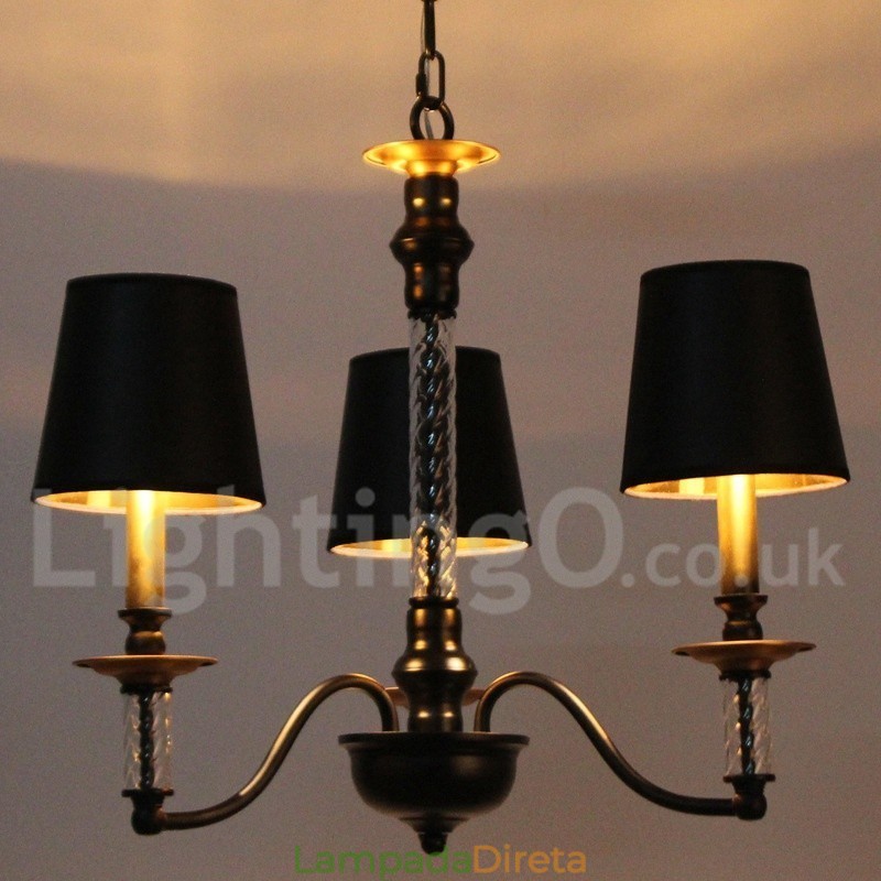 Lustre estilo vela retrô preto de 3 luzes