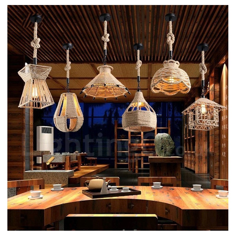 1 luz rústica lodge pingente luz café corda de cânhamo lâmpada pendente