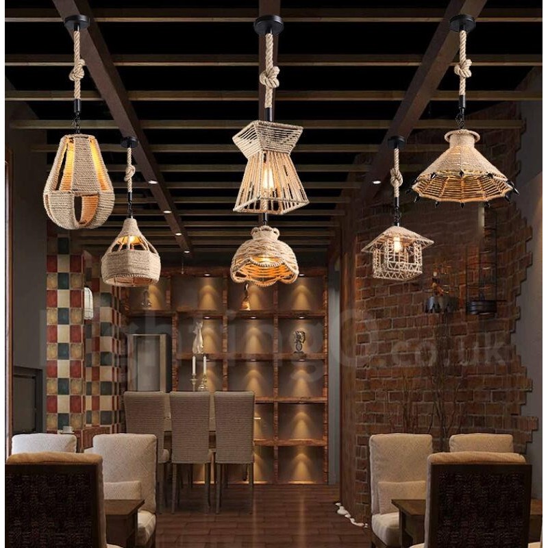 1 luz rústica lodge pingente luz café corda de cânhamo lâmpada pendente