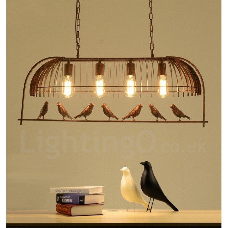 4 Luzes Rústicas Lodge Retro Birdcage Pendente Luz com Sombra de Aço
