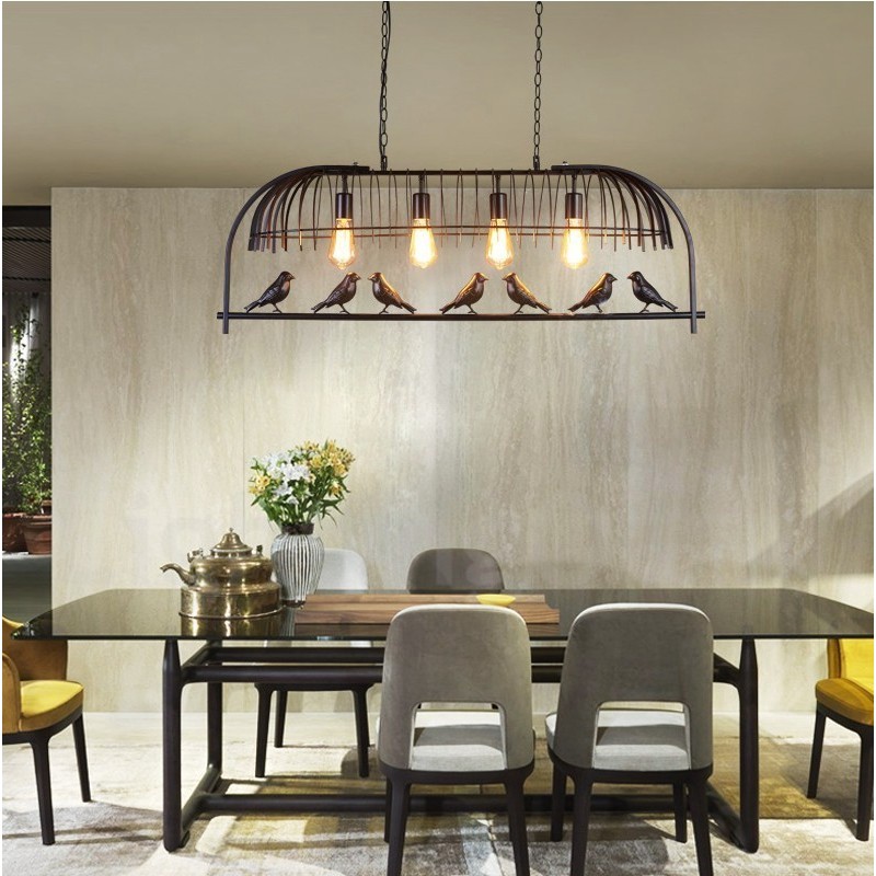 4 Luzes Rústicas Lodge Retro Birdcage Pendente Luz com Sombra de Aço