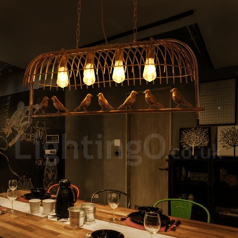 4 Luzes Rústicas Lodge Retro Birdcage Pendente Luz com Sombra de Aço