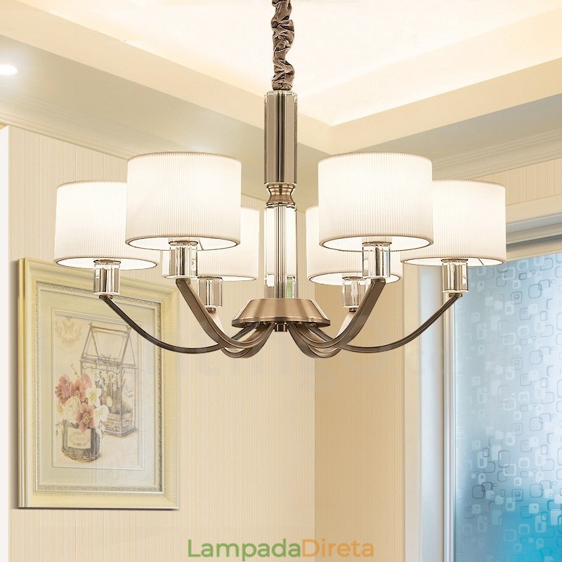 Lustre de cristal moderno contemporâneo de 6 luzes com cúpula de tecido
