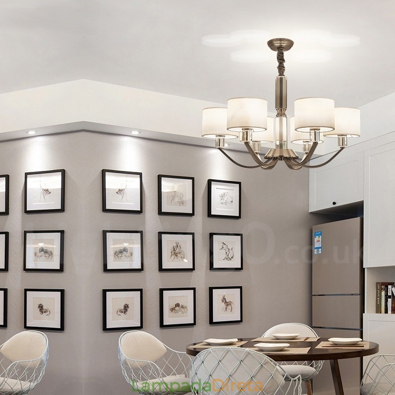 Lustre de cristal moderno contemporâneo de 6 luzes com cúpula de tecido