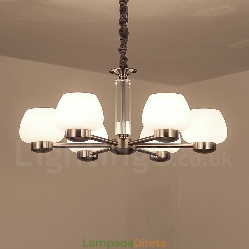 Lustre moderno contemporâneo de 6 luzes com cúpula de vidro