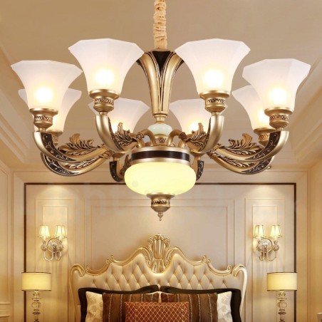 Lustre de lobby de luxo tradicional retrô de 8 luzes com cúpula de vidro Lustre de lobby de luxo tradicional retrô de 8 luzes com cúpula de vidro