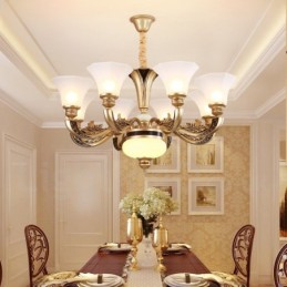 Lustre de lobby de luxo tradicional retrô de 8 luzes com cúpula de vidro