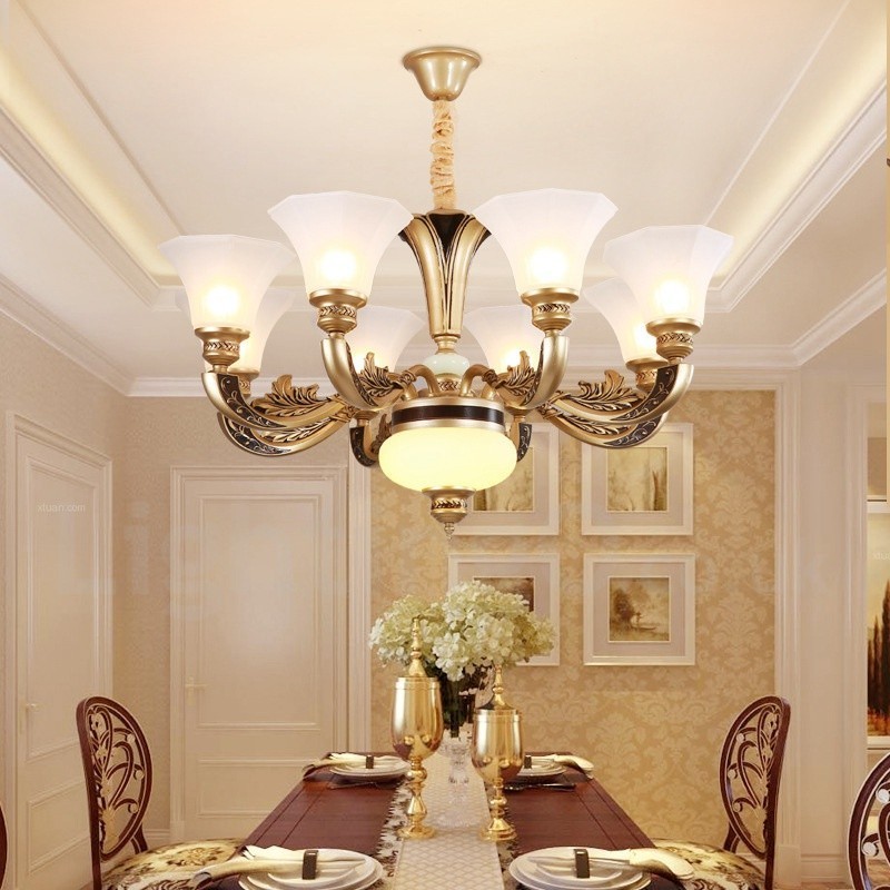Lustre de lobby de luxo tradicional retrô de 8 luzes com cúpula de vidro