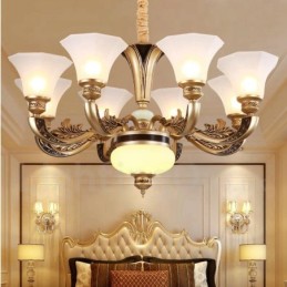 Lustre de lobby de luxo tradicional retrô de 8 luzes com cúpula de vidro