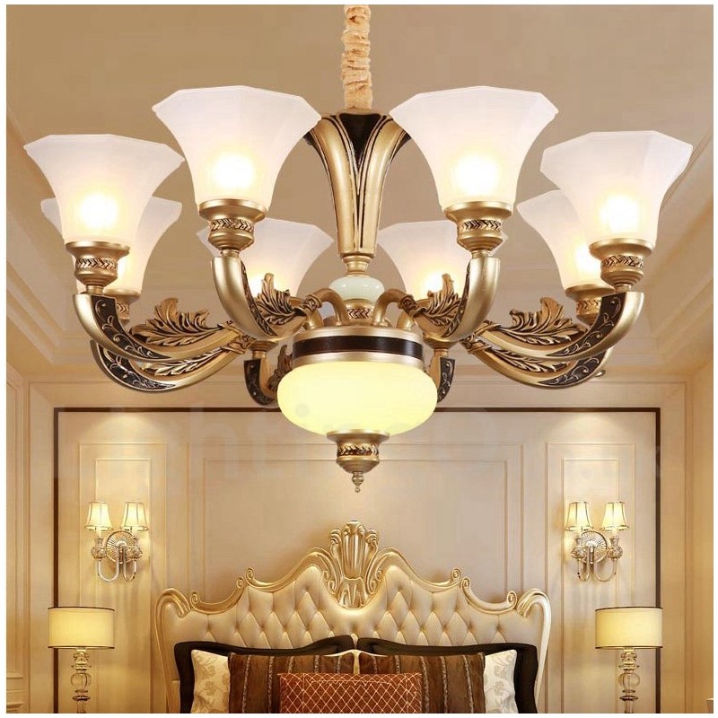 Lustre de lobby de luxo tradicional retrô de 8 luzes com cúpula de vidro
