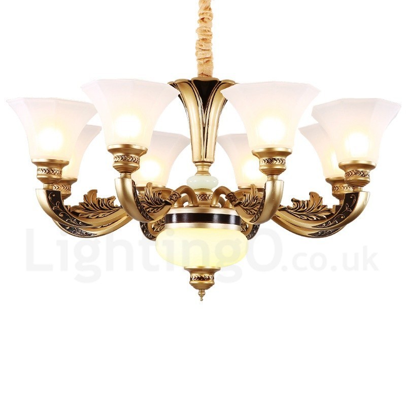 Lustre de lobby de luxo tradicional retrô de 8 luzes com cúpula de vidro