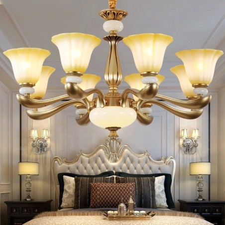 Lustre de liga de zinco de luxo tradicional retrô de 8 luzes com cúpula de vidro Lustre de liga de zinco de luxo tradicional retrô de 8 luzes com cúpula de vidro