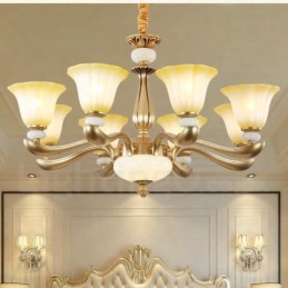 Lustre de liga de zinco de luxo tradicional retrô de 8 luzes com cúpula de vidro