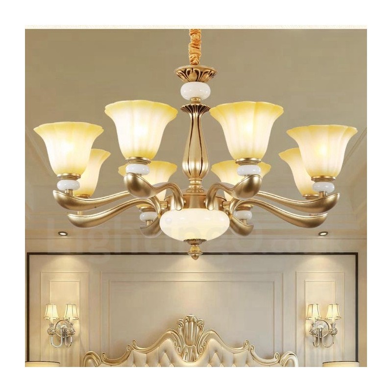 Lustre de liga de zinco de luxo tradicional retrô de 8 luzes com cúpula de vidro