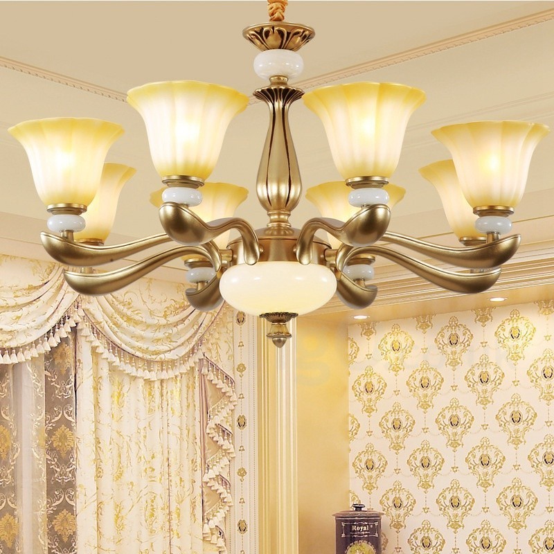 Lustre de liga de zinco de luxo tradicional retrô de 8 luzes com cúpula de vidro