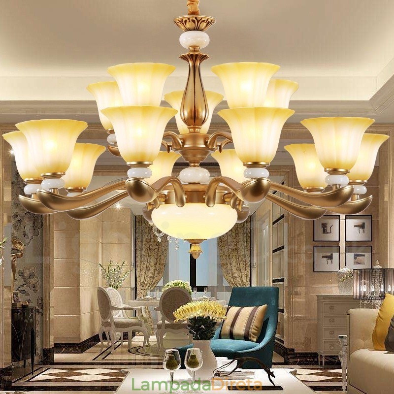 Lustre de liga de zinco de luxo tradicional retrô de 15 luzes com cúpula de vidro