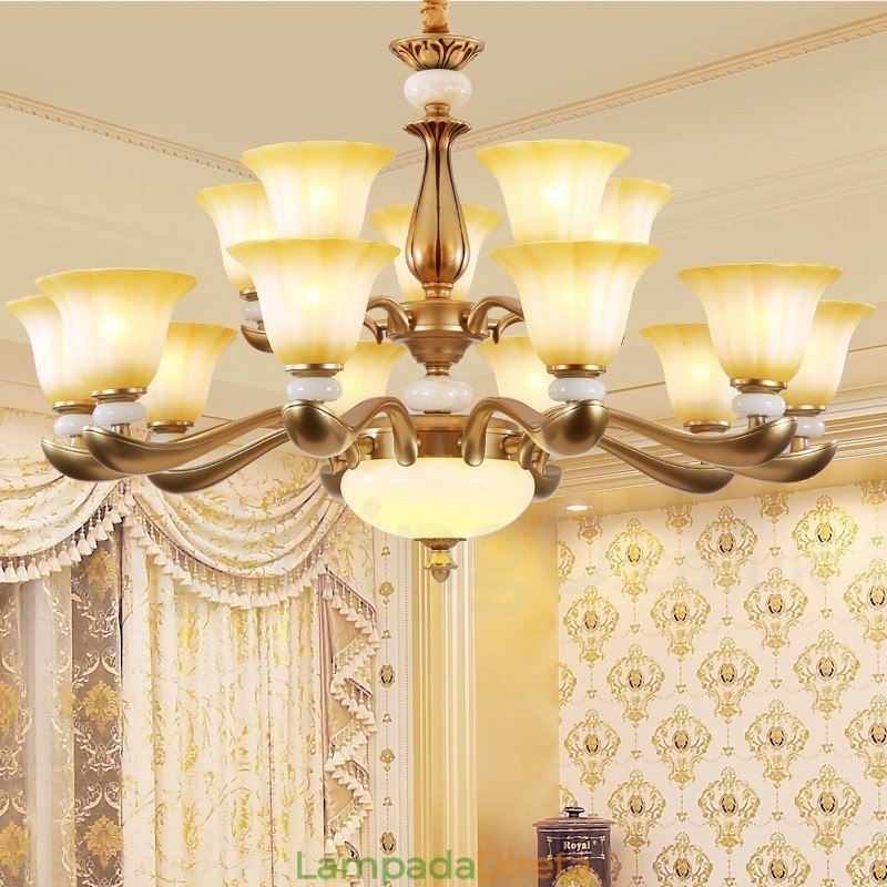 Lustre de liga de zinco de luxo tradicional retrô de 15 luzes com cúpula de vidro