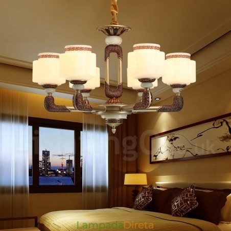 Lustre de luxo retrô tradicional de liga de zinco com 6 luzes e cúpula de vidro Lustre de luxo retrô tradicional de liga de zinco com 6 luzes e cúpula de vidro