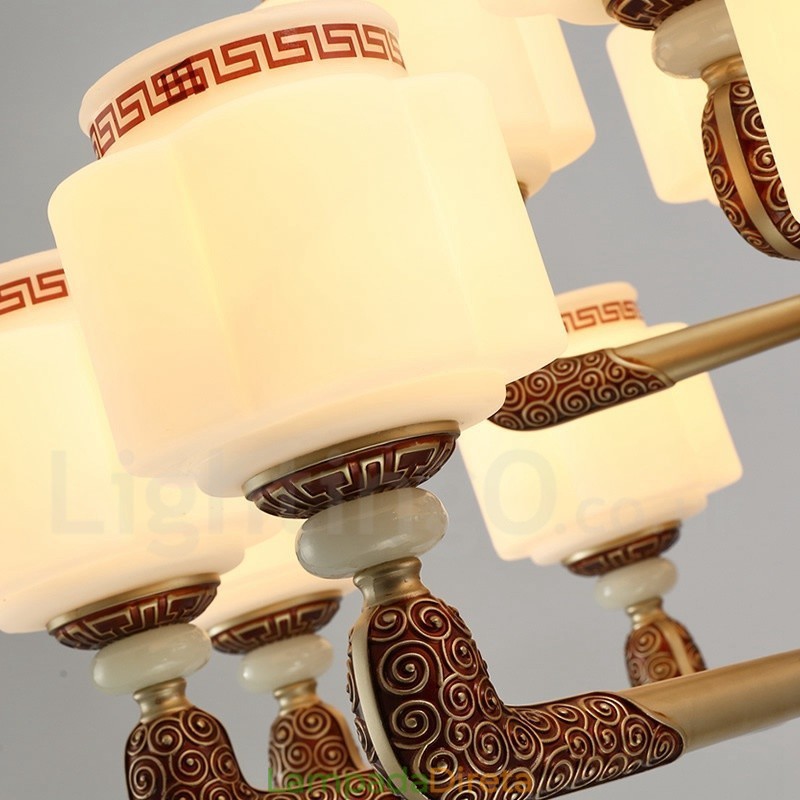 Lustre de luxo retrô tradicional de liga de zinco com 15 luzes e cúpula de vidro