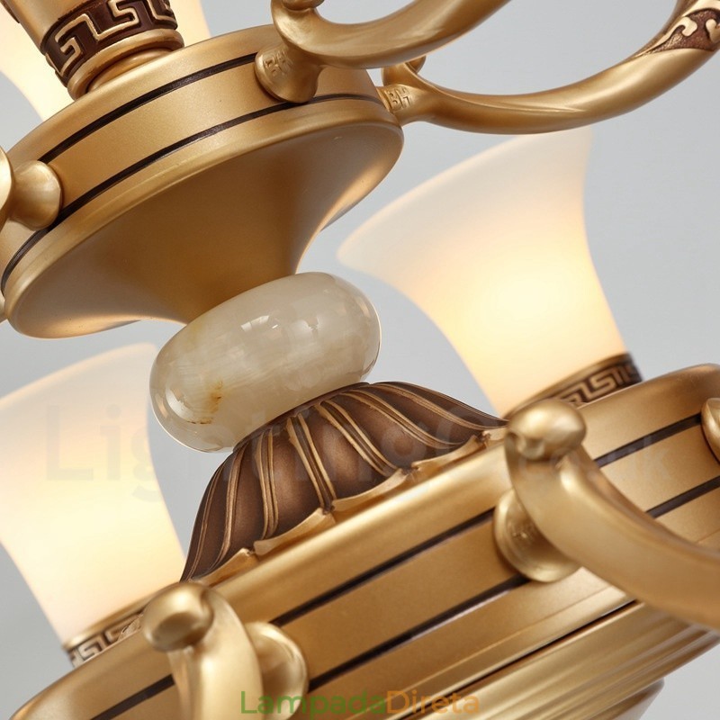 Lustre de luxo retrô tradicional de liga de zinco com 6 luzes e cúpula de vidro