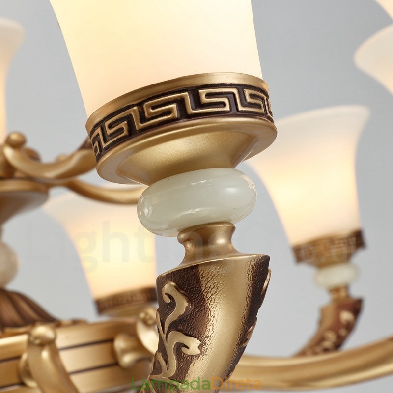 Lustre de luxo retrô tradicional de liga de zinco com 6 luzes e cúpula de vidro