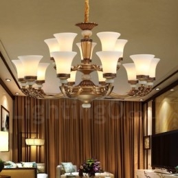 Lustre de luxo retrô tradicional de liga de zinco com 15 luzes e cúpula de vidro