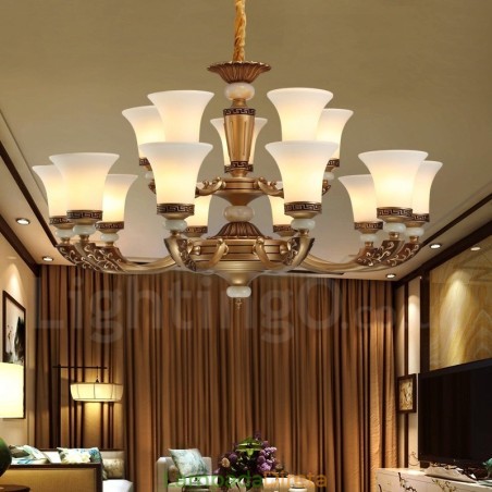 Lustre de luxo retrô tradicional de liga de zinco com 15 luzes e cúpula de vidro Lustre de luxo retrô tradicional de liga de zinco com 15 luzes e cúpula de vidro