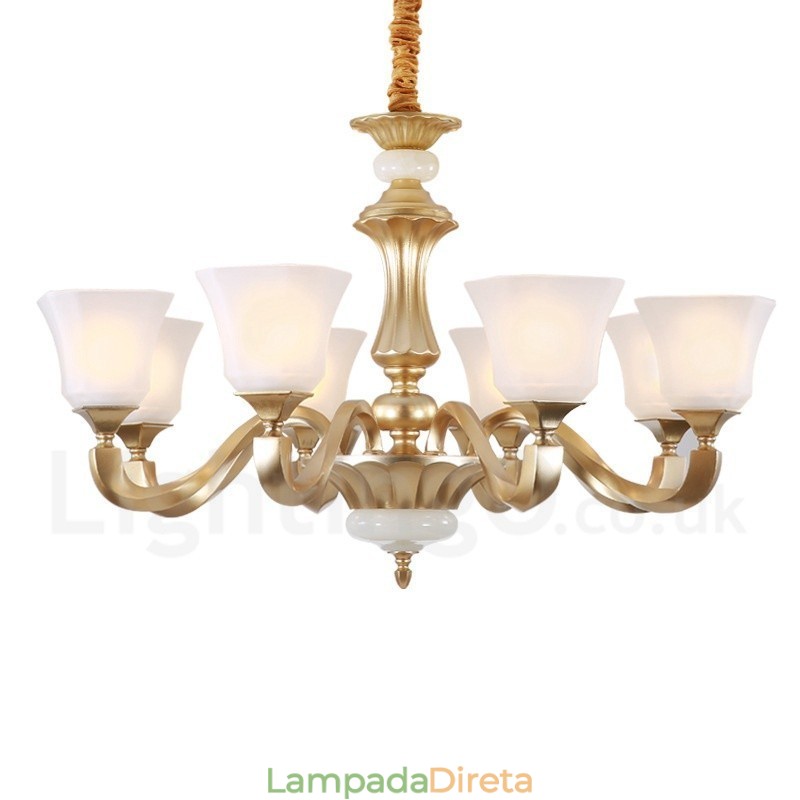 Lustre rústico tradicional retrô de 8 luzes com cúpula de vidro