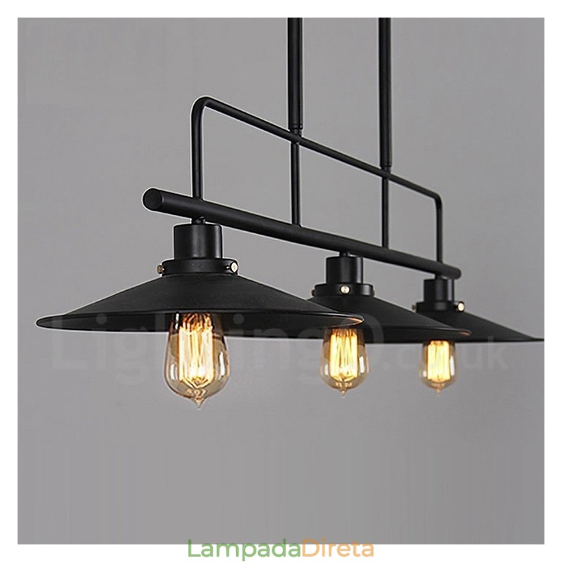 Luminária pendente retrô rústica de aço com 3 luzes e cúpula de aço