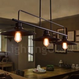 Luminária pendente retrô rústica de aço com 3 luzes e cúpula de aço