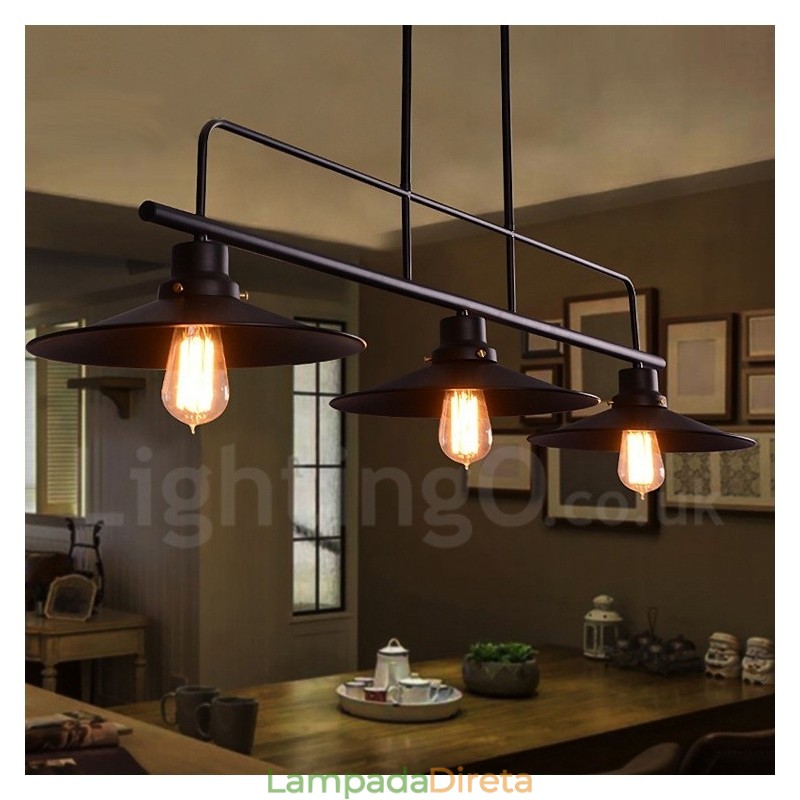 Luminária pendente retrô rústica de aço com 3 luzes e cúpula de aço