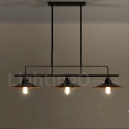 Luminária pendente retrô rústica de aço com 3 luzes e cúpula de aço