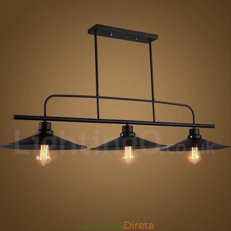 Luminária pendente retrô rústica de aço com 3 luzes e cúpula de aço