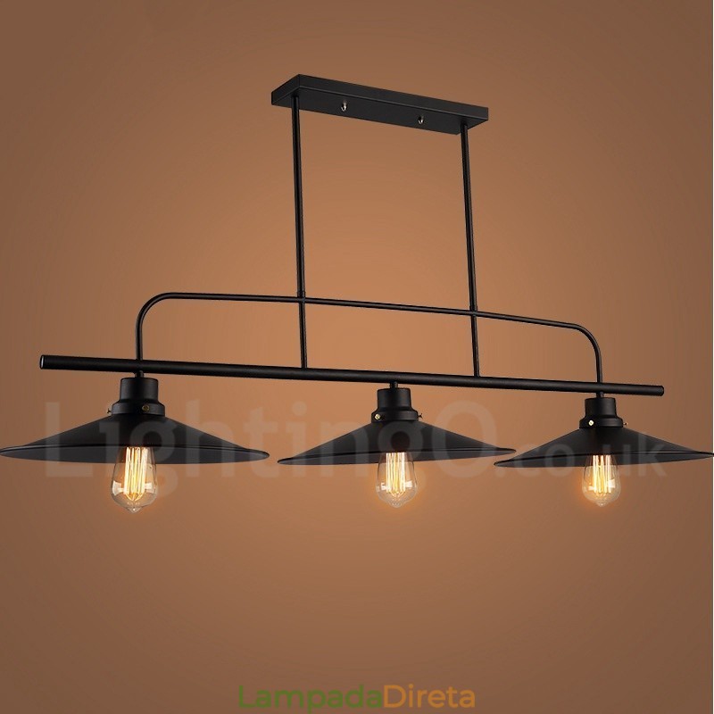 Luminária pendente retrô rústica de aço com 3 luzes e cúpula de aço