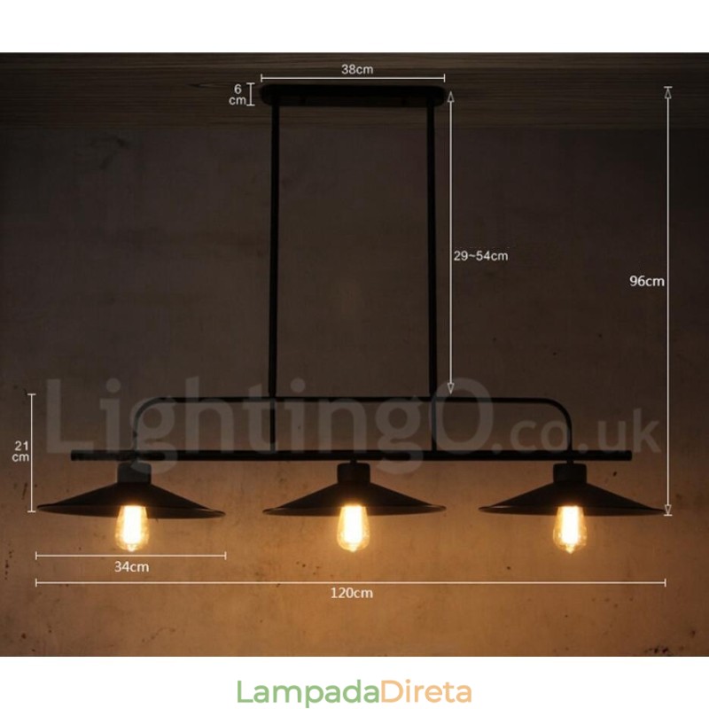 Luminária pendente retrô rústica de aço com 3 luzes e cúpula de aço