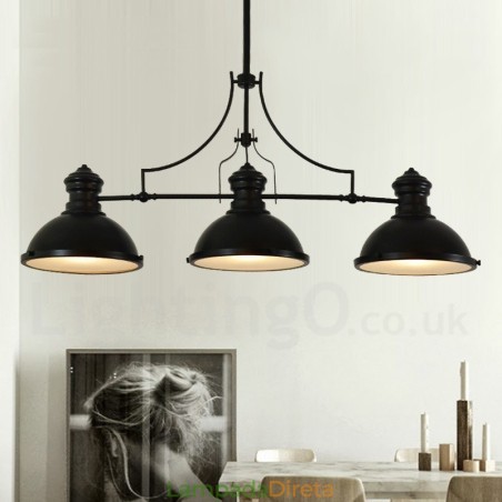 Luminária pendente retrô rústica de aço com 3 luzes e cúpula de aço Luminária pendente retrô rústica de aço com 3 luzes e cúpula de aço