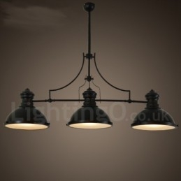 Luminária pendente retrô rústica de aço com 3 luzes e cúpula de aço