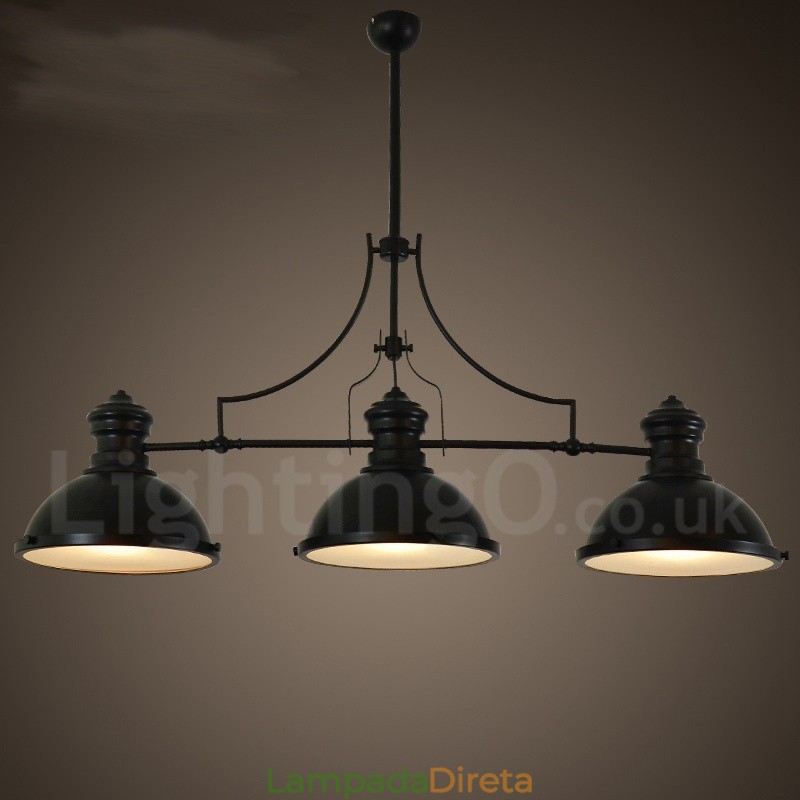 Luminária pendente retrô rústica de aço com 3 luzes e cúpula de aço