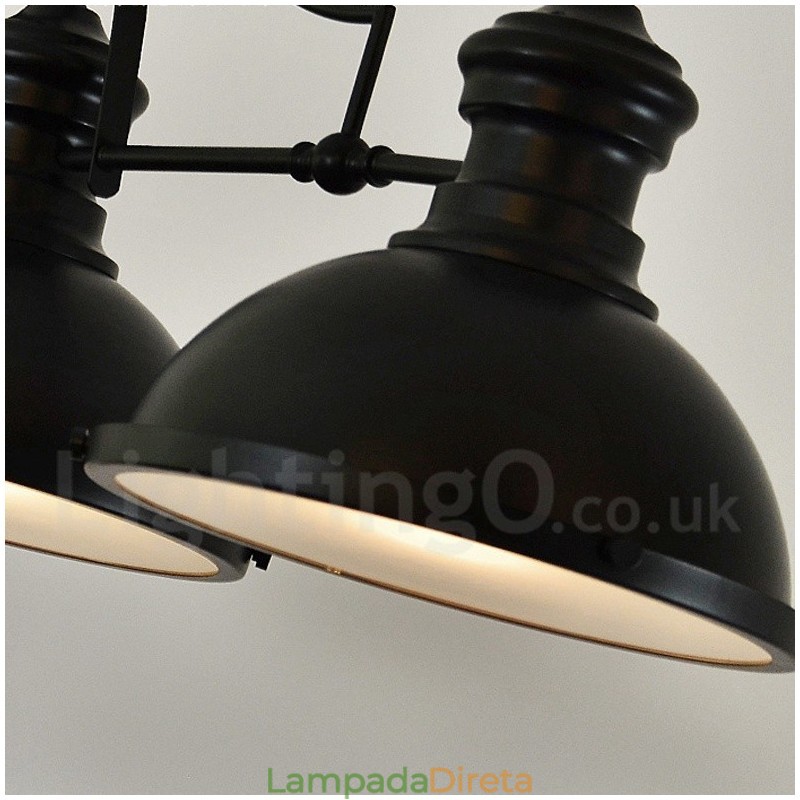 Luminária pendente retrô rústica de aço com 3 luzes e cúpula de aço
